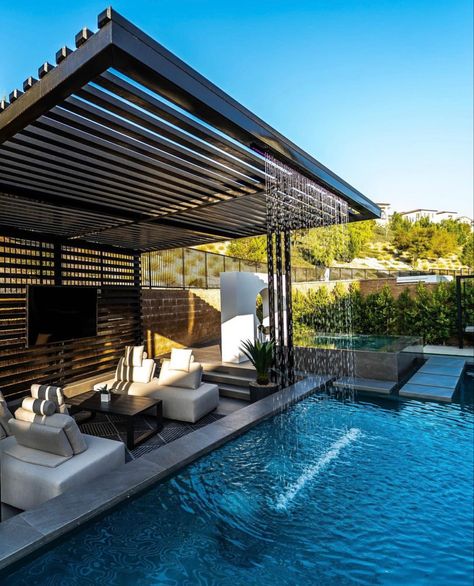 Modern Pool Designs For Small Yards, Pool With Pergola Ideas, Pool Pergola Ideas Cabanas, Luxury Modern Backyard, Modern House Pool, Terraced Patio Ideas, Deck Decor Ideas, Pool Deck Decor, Luxury Pools Backyard