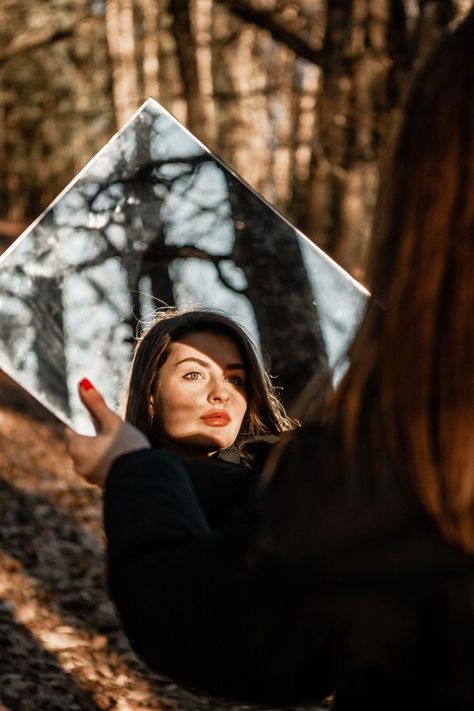 Mirror In Forest Photography, Mirror In The Woods Photoshoot, Photos With Mirror Outside, Staged Photography Ideas, Portraits With Mirrors, Mirror Photo Shoot Ideas, Photoshoot With Mirror Outside, Outdoor Mirror Pictures, Forest Photoshoot Woman