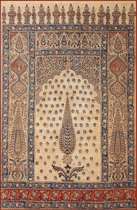 Isfahan Summer Prayer Rug Qalamkar  Qajar Dynasty 1795 -1925 A.D Iranian Textiles, Persian Beauty, Qajar Dynasty, Iranian Rugs, Fabric Runner, India Textiles, Rugs Contemporary, Persian Carpets, Persian Art