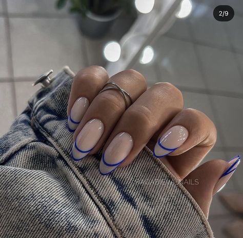 Almond French Tip, Nails With Blue, Press On Nails Blue, Overlay Nails, French Tip Press On Nails, Buff Nails, Lines Design, Blue Acrylic Nails, Nails Blue