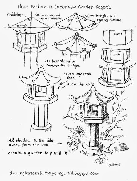 How to draw a garden pagoda worksheet. See more at my blogger: http://drawinglessonsfortheyoungartist.blogspot.com/ How To Draw Japanese, Easy Japanese Drawings, Artist Garden, Garden Pagoda, Japanese Pagoda, Parent Teacher, Art Worksheets, Gain Confidence, Architecture Drawing Art