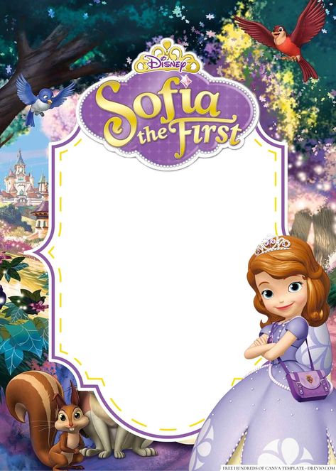 Sofia Birthday Invitation, Sofia The First Invitation, Princess Sofia Invitations, Minnie Mouse Stickers, Princess Banner, Kid Birthday Outfits, Princesa Sophia, Printable Frames, Diy Birthday Invitations