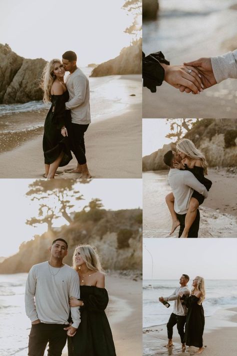 Simple Engagement Photos, Engagement Photo Shoot Beach, Engagement Photo Outfits Summer, Engagement Pictures Beach, Beach Picture Outfits, Black Off The Shoulder Dress, Casual Engagement Photos, Couples Beach Photography, Engagement Photo Dress