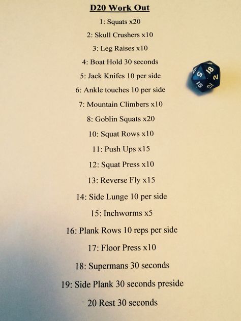 D20 work out. Leave your workout up to the dice. Dnd Workout, Dice Workout, Fantasy Workout, Nerd Workout, Workout Sheets, Month Workout Challenge, Nerd Fitness, Idea Box, Organizational Tips