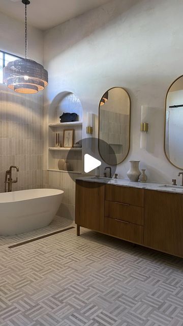 El Peterson on Instagram: "Sharing Part 1 Reveal of my Primary Bathroom! Can you believe this is the same bathroom? Guess where I found the beautiful Vanity, Bathtub, Tile, Alabaster Wall sconces and Hardware from? It's all from @wayfair My go to place for most of my renovation/ home needs. #wayfairpartner. Not going to lie, this bathroom really tested my design skills you guys 🤭😅

***Comment SHOP below to receive a DM with the link to shop this post on my LTK ⬇ https://liketk.it/4PPJD

Head to stories to see a close up! 

OTHER WAYS TO SHOP:
-SHOP MY LTK by clicking link in bio or downloading the @shop.ltk app #ltkfind #ltkhome #ltk #liketkit #wayfair 
 #ltkfindsunder50 #ltkhome #ltkfindsunder100 #bathroominspiration #bathroominspo #bathroomremodel" 3 Vanity Lights Bathroom, Bathroom With Hanging Lights, Kitchen Island Panels, Beautiful Vanity, Vanity Lights Bathroom, Bathtub Tile, Primary Bathroom, Over Toilet, Builder Grade