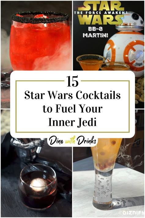 Collage of 4 star wars cocktails. Star Wars Recipes Dinner, Star Wars Bar Ideas, Star Wars Date Night Ideas, Funny Cocktail Recipes, Star Wars Bachelorette Party, May 4th Be With You Party Ideas, Star Wars Bachelorette, Nerdy Cocktails, Star Wars Date Night