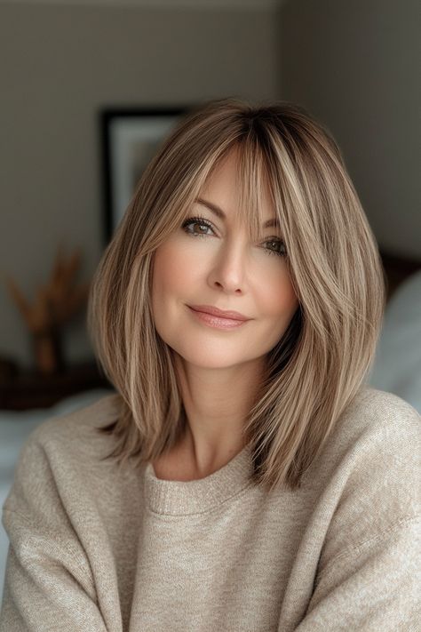 34 Elegant Hairstyles for Women Over 50 with Bangs in 2024 – CreativeBooster Ginger Shoulder Length Hair With Bangs, Over 50 Womens Hairstyles, Bangs For Round Face Over 50, Medium Hair W Bangs, Long Lob With Curtain Bangs, 40s Bangs, Medium Haircuts With Side Bangs, Hairstyles For Medium Length Hair With Bangs Over 50 Women, Straight Medium Length Hair With Bangs