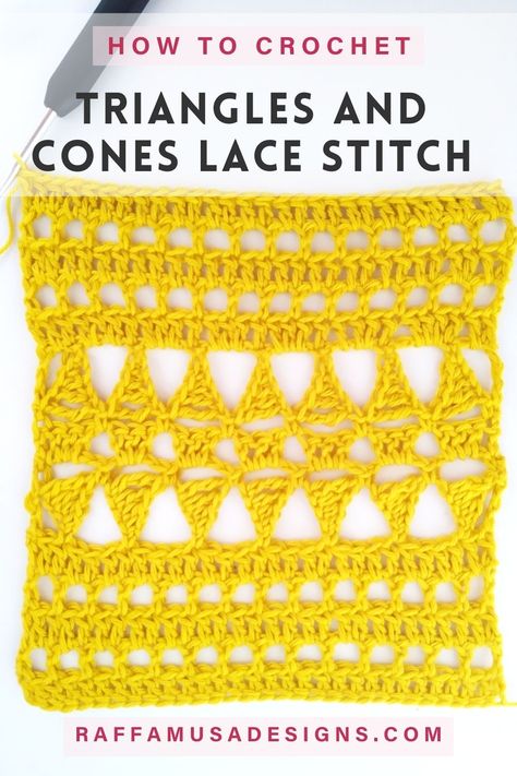 A crochet lace swatch made with the triangles and cones geometric stitch pattern Lightweight Crochet Stitch, Open Lace Crochet Stitches, Crochet Open Stitch, Interesting Crochet Stitches, Open Crochet Stitches, Crochet Lace Stitches, Triangle En Crochet, Different Crochet Stitches, Beau Crochet