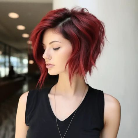 53 Must-Try Money Piece Hair Highlights To Transform Your Look Shadow Roots Hair Brunette To Red, Red Hair Gray Highlights, Red Shaggy Bob, Red Hair With Money Piece Highlights, Dark Red Pixie Haircut, Bob Hairstyles Color, Cool Hair Color Ideas For Short Hair, Bob With Money Piece, Red Hair Short Bob