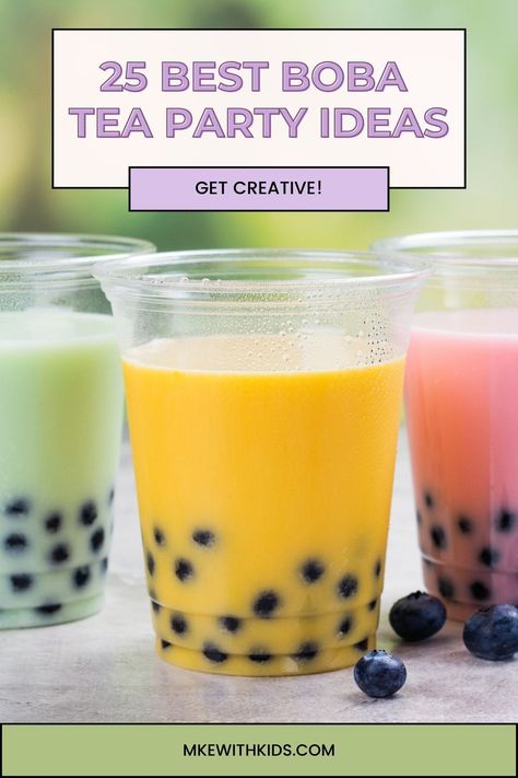 Plan the ultimate boba tea party for kids and teens with these creative ideas! From DIY boba stations to delicious snacks, it's a sip-sational celebration! Boba Bar Station Party, Boba Bar Station Wedding, Diy Bubble Tea Station, Drinks To Put Boba In, Bubble Tea Themed Birthday Party, Bubble Tea Bar Party, Bubble Tea Cupcakes, Boba Tea Birthday Party Decorations, Diy Bubble Tea Recipes