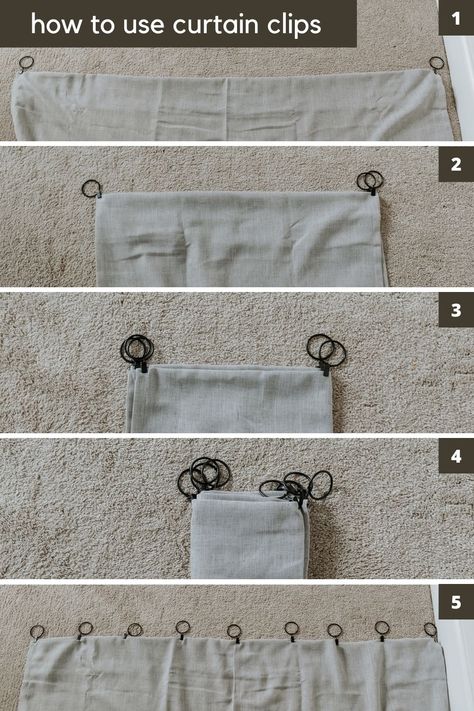 Curtain Rod Rings With Clips, Rod Pocket Curtains With Rings, How To Clip Curtain Rings, Diy Living Room Curtains Ideas, Ring Clip Curtains, How To Hang Curtains With Clips Rings, Diy Black Curtain Rod, Clip Curtain Rings, How To Attach Curtain Rings To Curtains