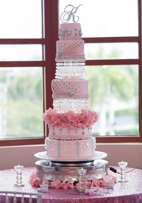 Quinceanera cake-Blush+Crystals- silver and Pink- by The cake zone, www.thecakezone.com Pink And Silver Wedding Cake, Sweet 15 Cakes, Quince Cakes, Quince Cake, Bling Cakes, Nursing Cake, Whiskey Cake, Inside Cake, Cake Liner