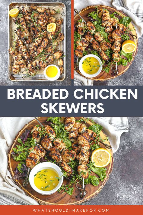 These breaded chicken skewers are marinated, dredged in panko parmesan, grilled, and drizzled in lemon butter sauce....SWOON. Breaded Chicken Skewers, Tasty Grilled Chicken Recipes, Breaded Chicken Cutlets, Homemade Chinese, Easy Marinades, Quick Healthy Lunch, Healthy Family Dinners, Lemon Butter Sauce, Quick Appetizers