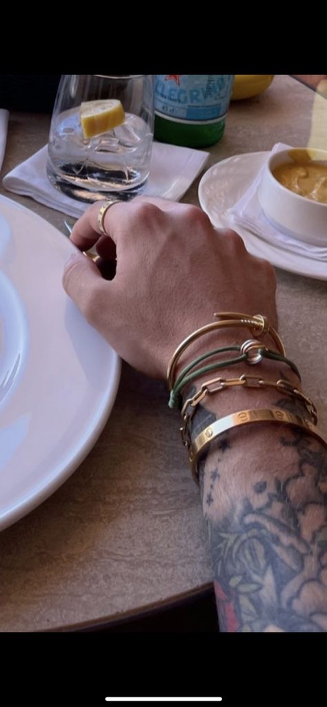 Men Bracelets Aesthetic, Cartier And Rolex Stack, Mens Bracelet Stack, Old Money Jewelry Aesthetic Men, Cartier Watch Bracelet Stack, Men Stacked Bracelets, Rings And Bracelets Aesthetic Men, Boujee Jewelry, Cartier Mens Bracelet