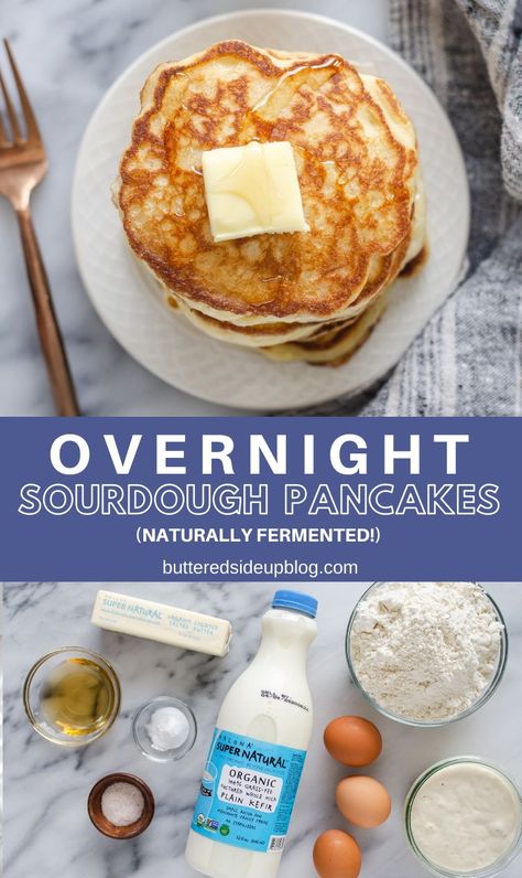 These sourdough pancakes are made with an overnight batter so they can ferment while you're sleeping! Plus they have a special ingredient that makes them 👌🏻 #sponsored #sourdough #naturallyleavened #levain #fermented #butteredsideupblog Sourdough Pancakes Recipe Overnight, Sourdough Pancakes Overnight, Sourdough Buttermilk Pancakes, Protein Sourdough Pancakes, Overnight Pancake Batter, Sourdough Pancake Muffins, Sourdough Cottage Cheese Pancakes, Overnight Sourdough Pancakes, Sourdough Hotcakes