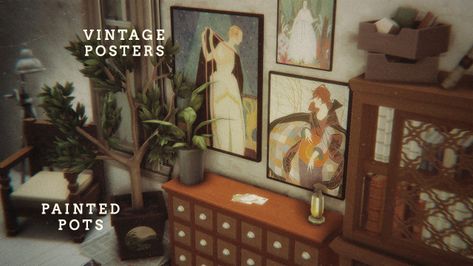 vintage vogue posters & painted pots; simple recolors that i made for lulu and thought i’d share! vintage vogue posters mesh by roundog (included!) 9 swatches painted pots mesh by sandy @ around the... Sims 4 Wall Painting Cc, Sims 4 Maxis Match Doors Cc, Sims 4 Maxis Match Paintings, Sims 4 Pottery, Painting Cc Sims 4, Sims 4 Painting Override, Sims 4 Artist Cc, Sims 4 Vintage Cc Furniture, Cc Sims 4 Objects