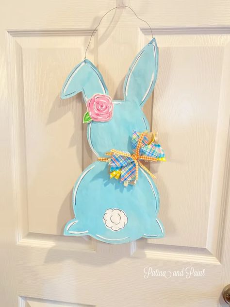 Wooden Bunny Door Hanger, Wooden Bunny Painting Ideas, Paper Bunny, Board And Brush, Easter Arts And Crafts, Patina Paint, Bunny Door Hanger, Easter Door Hanger, Bunny Painting