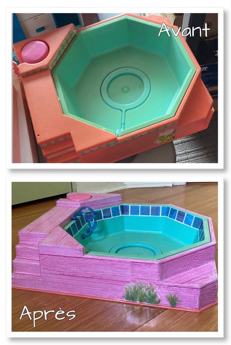 Diy Doll Pool, Diy Barbie Furniture Easy, Barbie Hacks, Barbie Pool, Pool Makeover, Diy Barbie House, Doll Furniture Diy, Barbie Dolls Diy, Diy Barbie Furniture