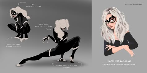 Unofficial concept artwork of Felicia Hardy, the Black Cat, in the animated film Spider-Man: Into the Spider-Verse • Clio Wolfensberger | Airworthy Comics Black Cat Suit Marvel, Black Cat Marvel Suit, Cat Superhero Suit, Felicia Hardy Suit, Black Cat Inspired Outfit, Black Cat Concept Art, Black Cat Aesthetic Marvel, Black Cat Redesign, Black Cat Oc