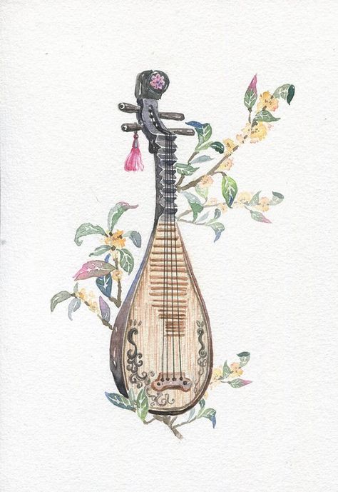 Musical Instruments Drawing, Instruments Art, Props Art, Chinese Art Girl, Korean Art, Artwork Images, Chinese Painting, Musical Instrument, Ancient Art