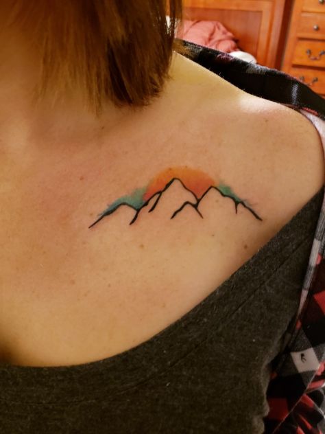 Colourful Mountain Tattoo, Mountain Tattoo With Color, Colored Mountain Tattoo, Colorful Mountain Tattoo, Mountain Sunrise Tattoo, Mountain Tattoo Color, Sunrise Tattoo Color, Colorado Mountains Tattoo, Matchy Tattoos