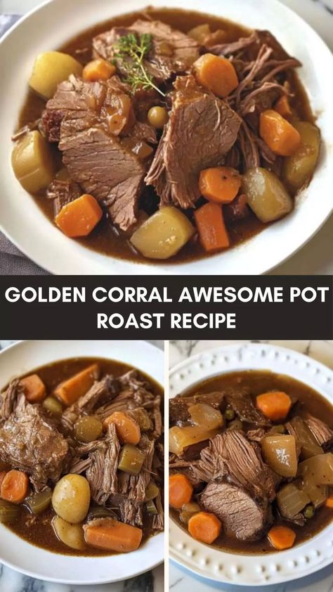 Golden corral awesome pot roast recipe – Culinary Chase Golden Corral Pot Roast Recipe, Jerk Chicken Pasta, Gluten Free Gravy, Green Beans Almondine, Golden Corral, Pot Roast Recipe, Small Red Potatoes, Brown Gravy Mix, Beef Gravy