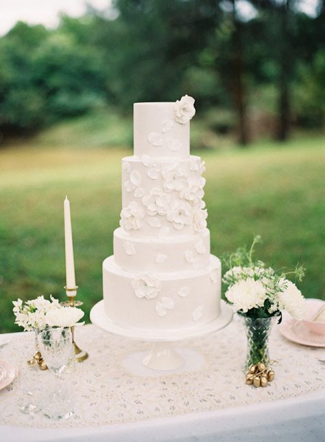 20 White on White Wedding Cakes | SouthBound Bride Cascading Floral Cake, Sugar Flower Wedding Cake, Textured Wedding Cakes, Spring Wedding Cake, White Cakes, Dream Wedding Cake, Cake Inspo, White Wedding Cakes, Simple Wedding Cake