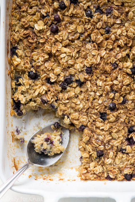 Blueberry Baked Oatmeal is a healthier, easy breakfast. Great for a crowd or to freeze for quick breakfasts! Hearty Breakfast Recipes, Blueberry Baked Oatmeal, Quick Breakfasts, Crazy For Crust, Breakfast Sweets, What's For Breakfast, Blueberry Recipes, Baked Oatmeal, Oatmeal Recipes