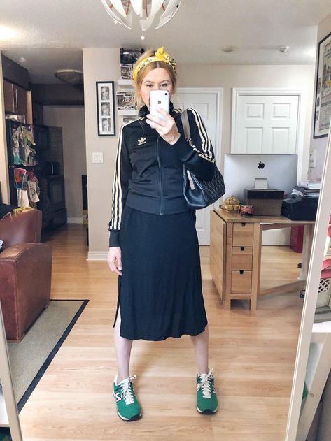 What I Wore this week | Black Slip Dress | Adidas Track Jacket | Green New Balance Sneakers | Chanel Bag | livelovesara Adidas Jacket Outfit, Trainers Outfit, Adidas Activewear, Leather Jacket Dress, Black Silk Blouse, Look Adidas, Adidas Track Jacket, Black Slip Dress, Jacket Outfit