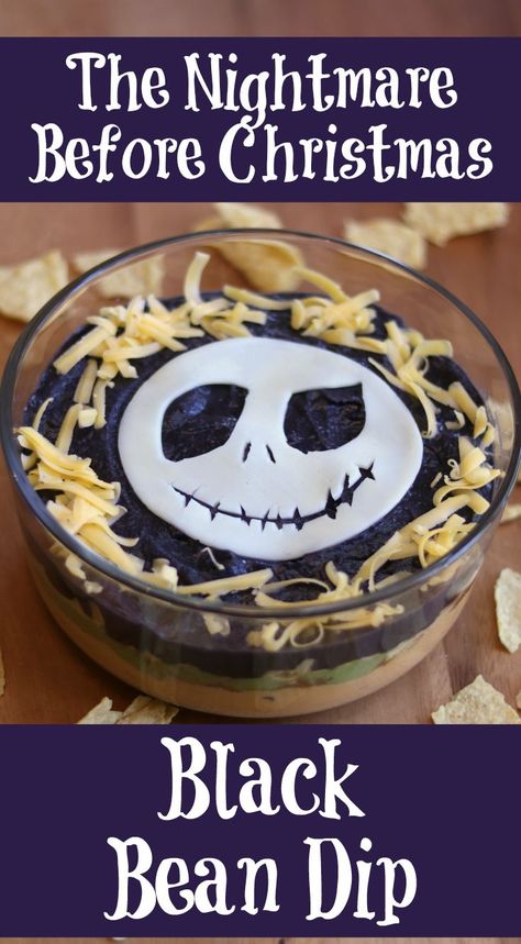 This The Nightmare Before Christmas Black Bean Dip is spooky and tasty for your next Halloween party! Nightmare Before Christmas Babyshower, Tim Burton Party, Christmas Party Printables, Christmas Drinks Alcohol Recipes, Nightmare Before Christmas Movie, Black Bean Dip, Disney Dinner, Nightmare Before Christmas Decorations, Halloween Baby Shower Theme