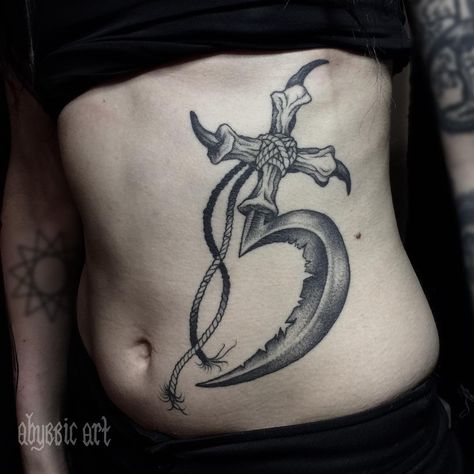 Saturn sickle by Kannib Maledik (@ abyssicart) #abyssicart #bonetattoo #blxckink #btattooing #blackworkers #blacktattoo #darkartists #blacktraditional #tattooinrussia #blacktattoomag #blackworkerssubmission #blackworkers_tattoo #bestblacktattoo Oblique Tattoo, Sickle Tattoo, Bone Tattoos, Tattoo Desings, B Tattoo, S Tattoo, Black Tattoos, Tattoo Art, Infinity Tattoo