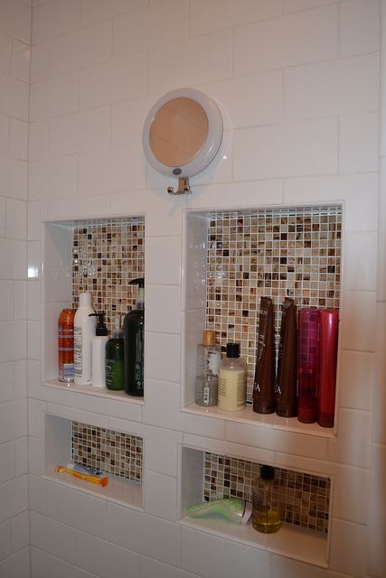 Shower With Storage, Small Shutters, Bathroom Shower Organization, Bathroom Niche, Style Tiles, Wall Storage Shelves, Shower Storage, Storage Idea, Double Shower