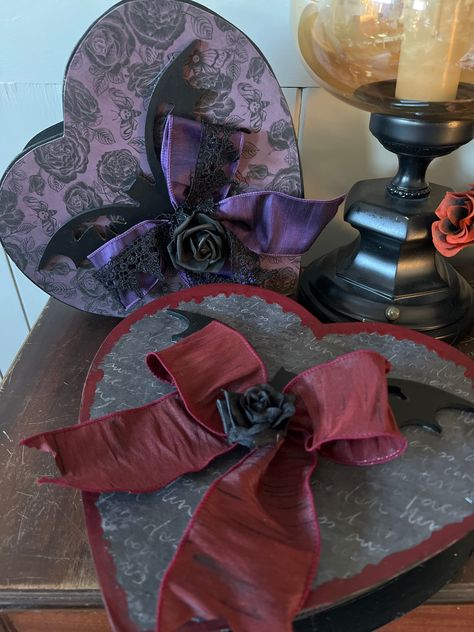 "Gothic heart gift box, empty candy chocolate box, dark Valentine's Day gift, black red heart, ribbon bow decorated gift box set, gothic decor Bat themed with red bow or bat themed with purple bow - sold separately Heart gift box is 11-1/2\" L x 12\" W x 2-1/2\" D Painted black and decorated in dark Valentine's Day bat theme, black roses ribbon all at round edges of each box with decorative papers front, back and inside each box. Painted Black wooden bat on each with ribbon and black rose Gift b Goth Valentines Gifts, Alt Valentines Gifts, Gothic Valentines Day Decor, Goth Gift Ideas, Emo Valentines, Valentine Arrangements, Gothic Valentines Day, Goth Valentines Day, Dark Valentines