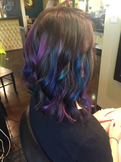 Oil Slick hair by Jessica Cobb at Graphics @ 201 Oil Slick Hair Extensions, Oil Slick Highlights Brunette, Hidden Oil Slick Hair, Fun Highlights For Dark Hair, Hidden Galaxy Hair, Galaxy Hair Highlights, Peacock Highlights Brown Hair, Galaxy Balayage, Subtle Hair Color Fun