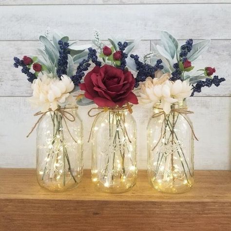 Navy Wedding Centerpieces, Navy Wedding Decorations, Mason Jars With Lights, Floral Lights, Jar Centerpiece Wedding, Country Wedding Centerpieces, Burgundy Wedding Centerpieces, Burgundy Wedding Theme, Navy And Burgundy Wedding