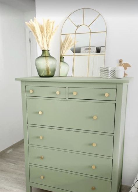 Pale Green Furniture, Sage Chest Of Drawers, Sage Baby Dresser, Green Tall Dresser, Light Green Dressers Painted, Sage Nightstand Bedroom, Pink And Green Dresser, Pastel Green Furniture, Sage Dresser Bedroom