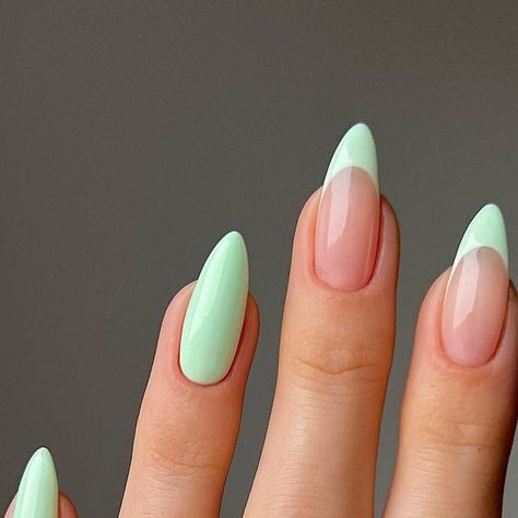 Alexandra | Nail Artist on Instagram: "Dressed In Spring🌿 You can never have enough pastel shades in your collection 🫣! ________ #springnails #greennails #pastelnails #frenchnails #nails #nailart #nailinspo #summernails #instanails #nailartdesign #almondnails #prettynails #elegantnails #nailfashion #gelnailart" Almond Nail Pastel, Green Pastel Nails, Pale Green Nails, Spring Vacation Nails, Pastel Green Nails, Nail Ideas Simple, Spring Nail Ideas, Fun Summer Nails, Simple Spring Nails