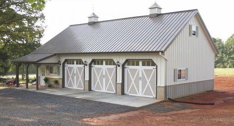 This garage was built for Brent of Hamptonville, NC  Special Features:    Morton's Hi-Rib Steel  Morton's Energy Performer Insulation Package  Cupolas... Morton Building Homes, Metal Shop Building, Pole Barn Garage, Building A Pole Barn, Morton Building, Farmhouse Garage, Barn Shop, Pole Buildings, Barn Garage