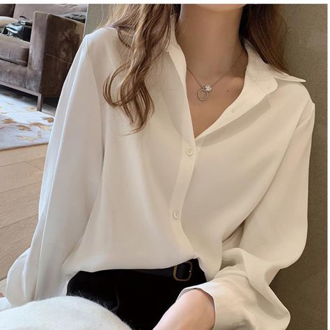 Solid Color Outfits, New Party Dress, White Shirts Women, Sweater Vest Women, Sleeves Clothing, White Button Down, Womens Long Sleeve Shirts, Chiffon Shirt, Camisa Polo