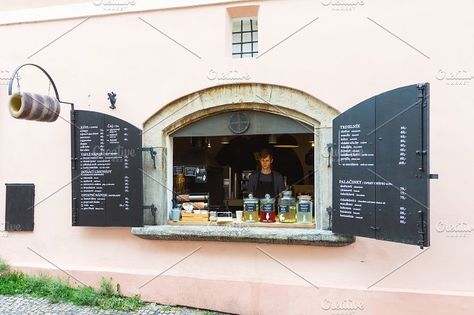 Street window cafe in Prague by deCign on @creativemarket Window Cafe, Barn Cafe, Cafe And Bakery, Cafe Exterior, Cafe Window, Mini Cafe, Bakery Shop Design, Game Cafe, Fake Window