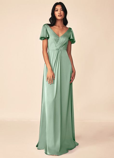 Azazie Soren Stretch Satin Dress Bridesmaid Dresses | Azazie Satin Dress Bridesmaid, Dark Green Bridesmaid Dresses, Satin Bridesmaids Gowns, Sky Blue Bridesmaid Dresses, Dark Green Bridesmaid Dress, Bridesmaid Dresses Dusty Sage, Wrap Dress Bridesmaid, Emerald Bridesmaid Dresses, Stretch Satin Dress