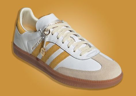 The Sporty & Rich adidas Samba White Bold Gold Releases November 2023 Rich And Sporty Samba, Yellow Samba, Adidas Samba Tan, Adidas Samba Cream, Adidas Samba Xlg, Samba White, Adidas Samba White, Adidas Samba Og, Sporty And Rich