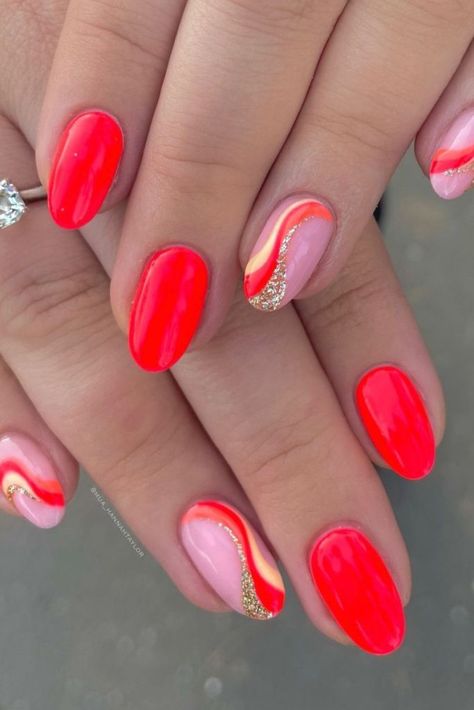 24 Red Nail Ideas to Try If You Want to Test The "Red Nail Theory" Coral Gel Nails Summer, Swirl Gel Nails, Bright Gel Nails, Bright Colored Nails, Summer Nails 2023, Builder Gel Nails, Summer Gel Nails, Bright Summer Nails, Sassy Nails