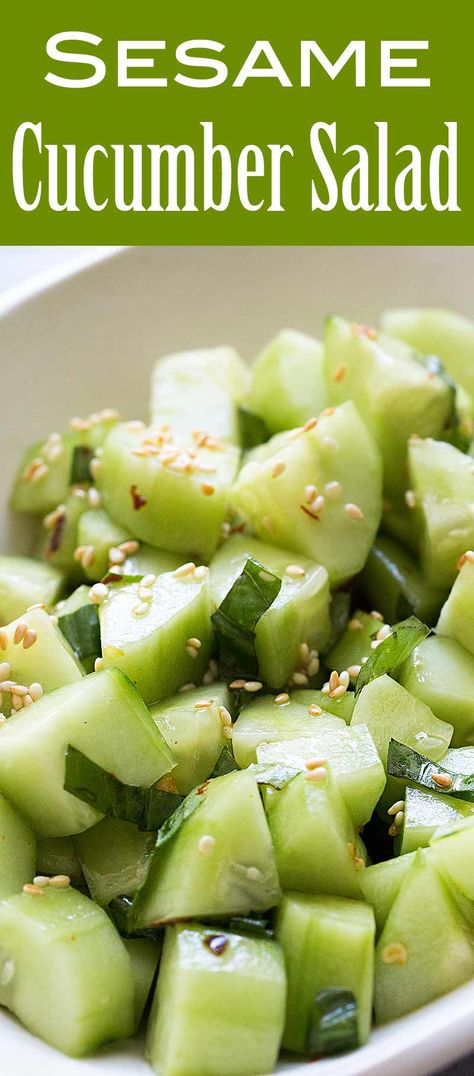 Sesame Cucumber Salad ~ Cooling cucumber salad, perfect for hot days and late night snacks. Cucumber chunks, tossed with sesame oil, seasoned rice vinegar, and chili flakes. ~ SimplyRecipes.com Sesame Cucumber Salad, Cabin Recipes, Vegan Cucumber, Cucumber Salads, Lake Weekend, Healthy Late Night Snacks, Cucumber Salad Recipe, Seasoned Rice Vinegar, Vegetarian Nutrition