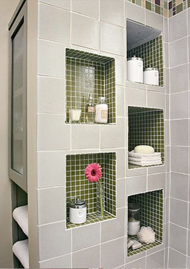 bathroom ideas-just different color tile Bathroom Redo, Bathroom Tiles, House Beautiful, Bathroom Renos, Bathroom Designs, Laundry In Bathroom, Built In Shelves, Bath Remodel, House Bathroom