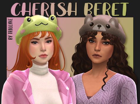 ✩ Trillyke ✩ | Cherish Beret Extremely cute and darling felt... Sims 4 Froggy Cc, Felt Beret, Cc Hats, Sims 4 Cc Folder, Panda Bears, Sims 4 Mm, Sims 4 Mods Clothes, Bear Hat, Sims 4 Cas