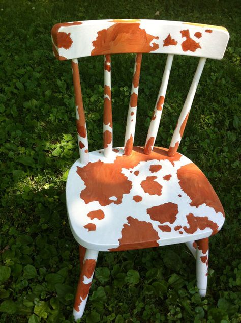 Cow Print Chair, Painted Kids Chairs, Cowgirl Bedroom, Cowgirl Room, Cowgirl Decor, Southwestern Home Decor, Painted Stools, Painted Chair, Western Furniture