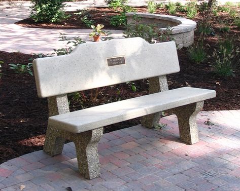 All Concrete Classic Memorial Bench w/ Plateau Back (B4550M) - Doty Concrete Concrete Bench Molds, Memorial Plaques, Exposed Aggregate, Memorial Benches, Bronze Plaque, Concrete Bench, Concrete Products, Pea Gravel, Memorial Plaque