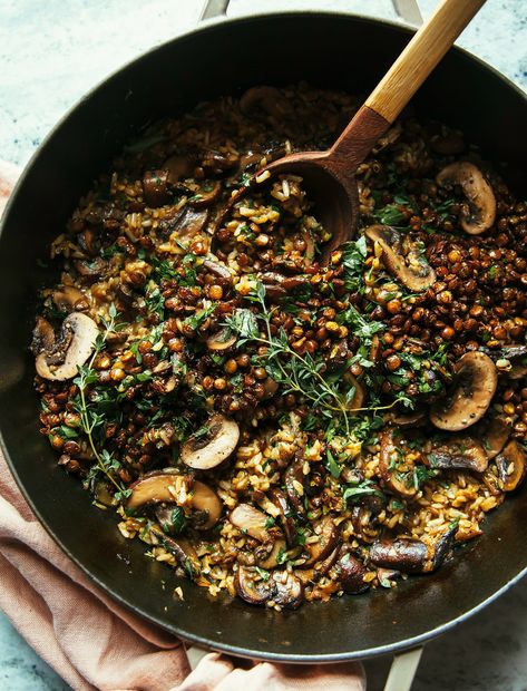 Mushroom Brown Rice, Crispy Lentils, Rice Bake Recipes, Gremolata Recipe, Vegan Main Course, Spiced Lentils, Rice Bake, Caramelized Shallots, French Lentils