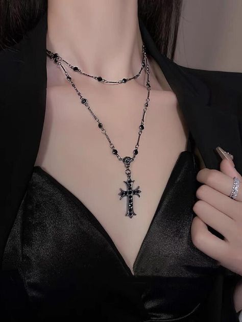 Dark Jewellery Aesthetic, Goth Necklace, Dark Jewelry, Black Goth, Rose Wallpaper, Cross Charms, Layered Necklace, Jewelry Inspo, Layered Necklaces